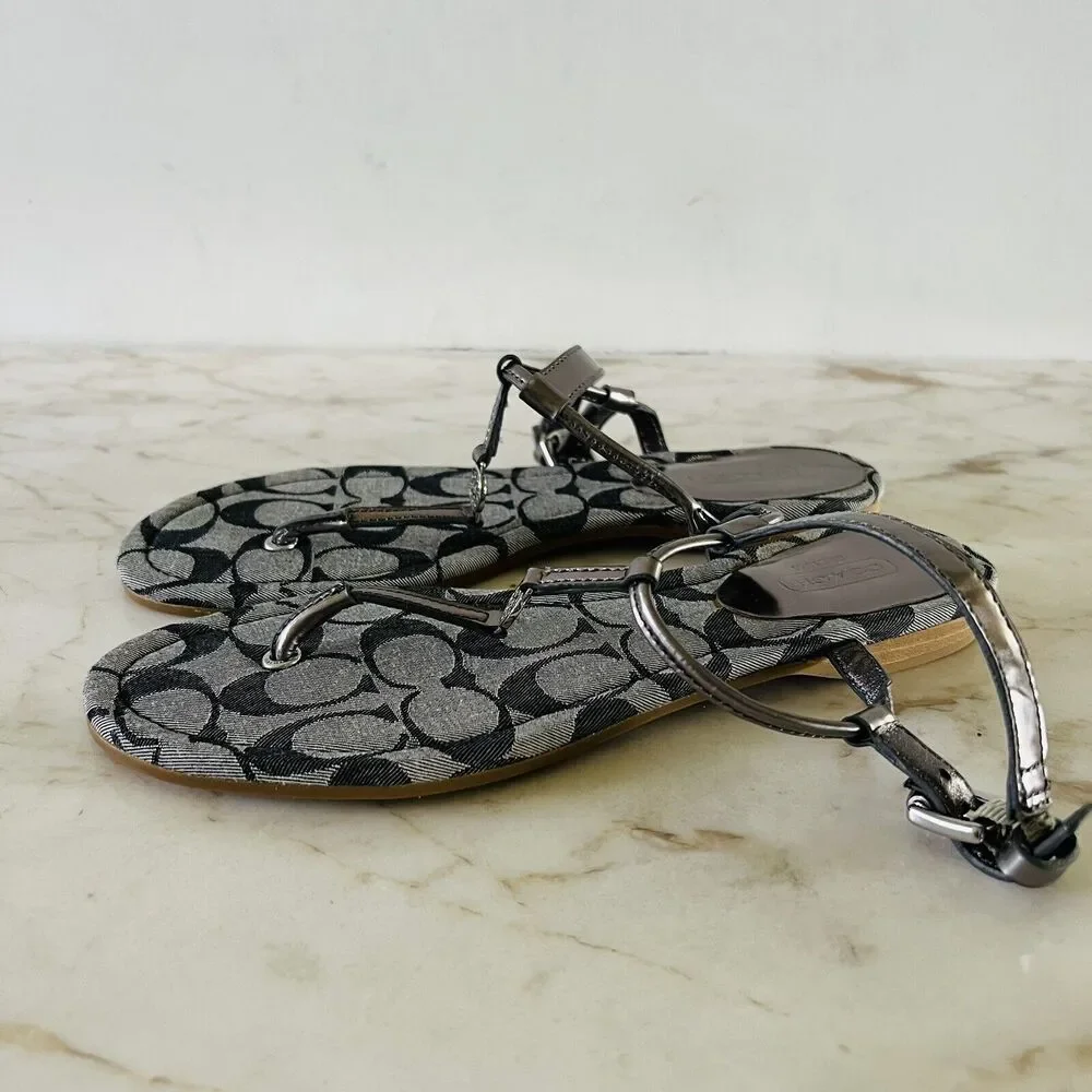 COACH Shirley Gray Black Canvas Logo Print Thong Sandal Silver Accent - US 7.5
